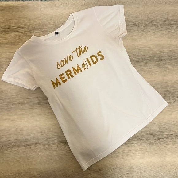 Tops - “SAVE THE MERMAIDS” S White Short Sleeve Baby Tee Retro Gold Lettering Crew Neck